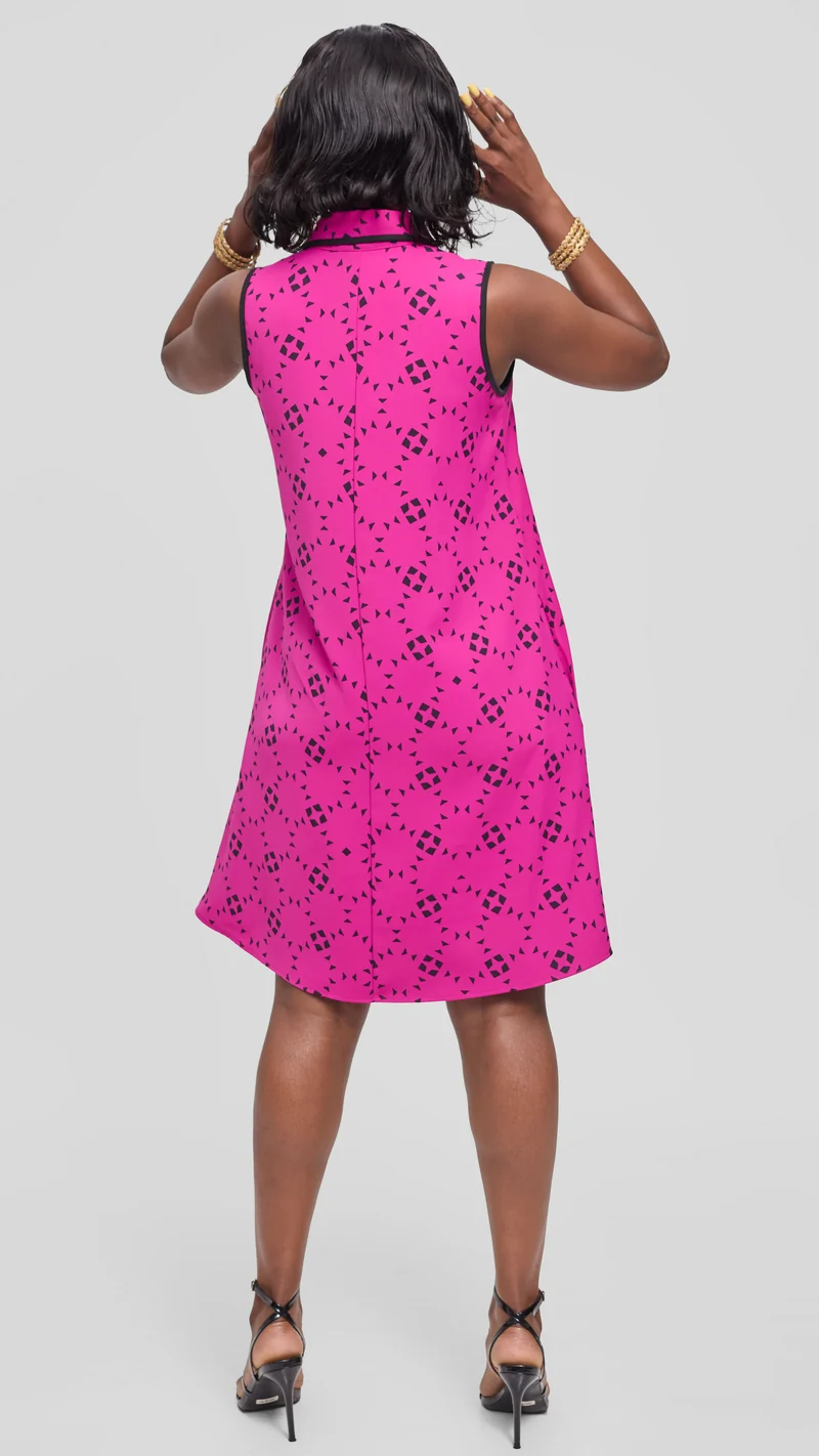 Vivo Asha Sleeveless Knee Length Dress in Twill - Fuschia / Black Talo Print