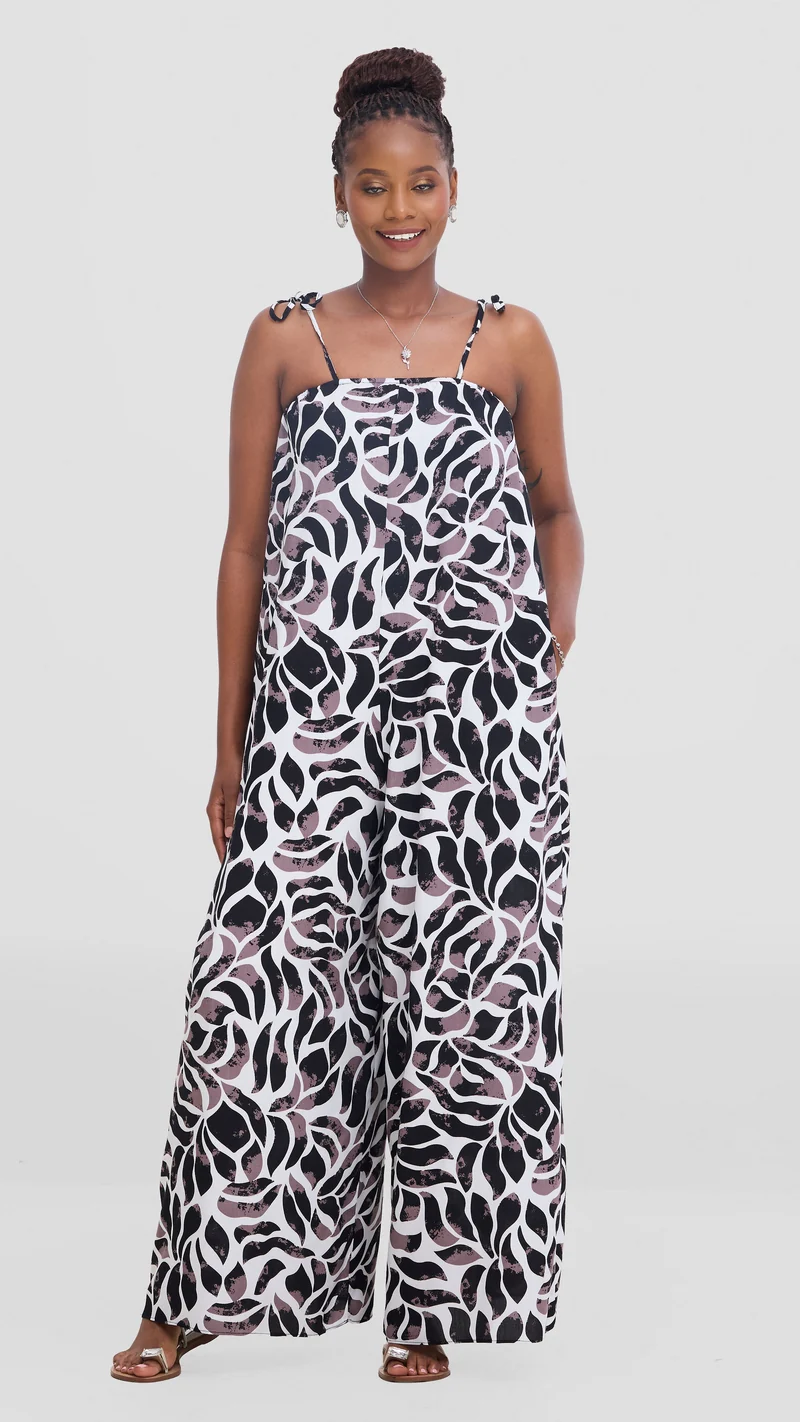 Vivo Maisha Strappy Cover Up Jumpsuit In Rayon - White / Taupe Print
