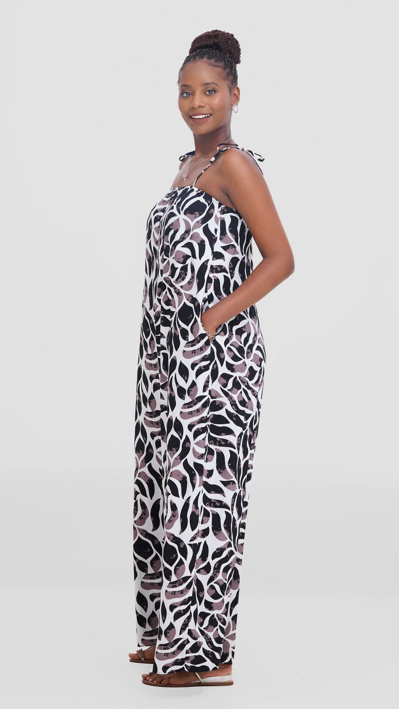 Vivo Maisha Strappy Cover Up Jumpsuit In Rayon - White / Taupe Print