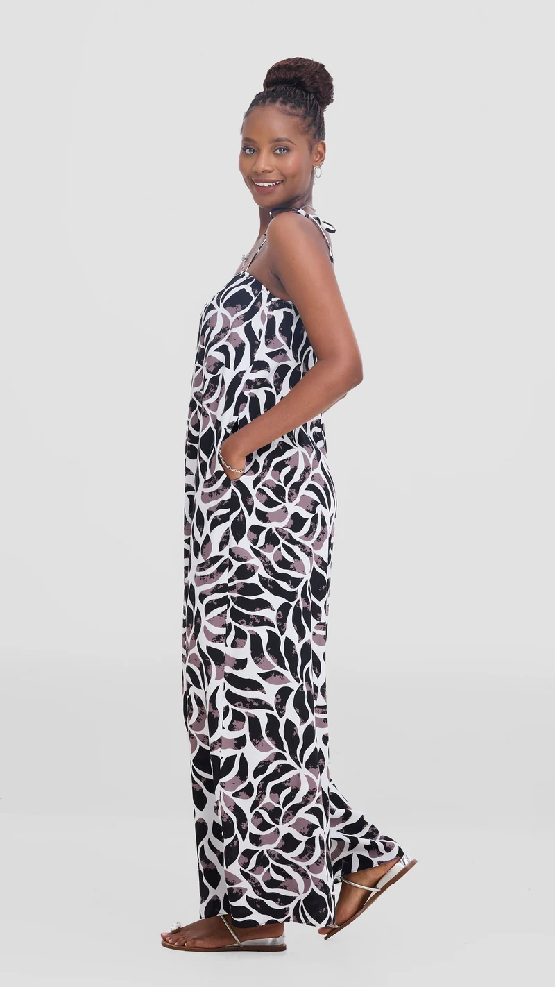 Vivo Maisha Strappy Cover Up Jumpsuit In Rayon - White / Taupe Print