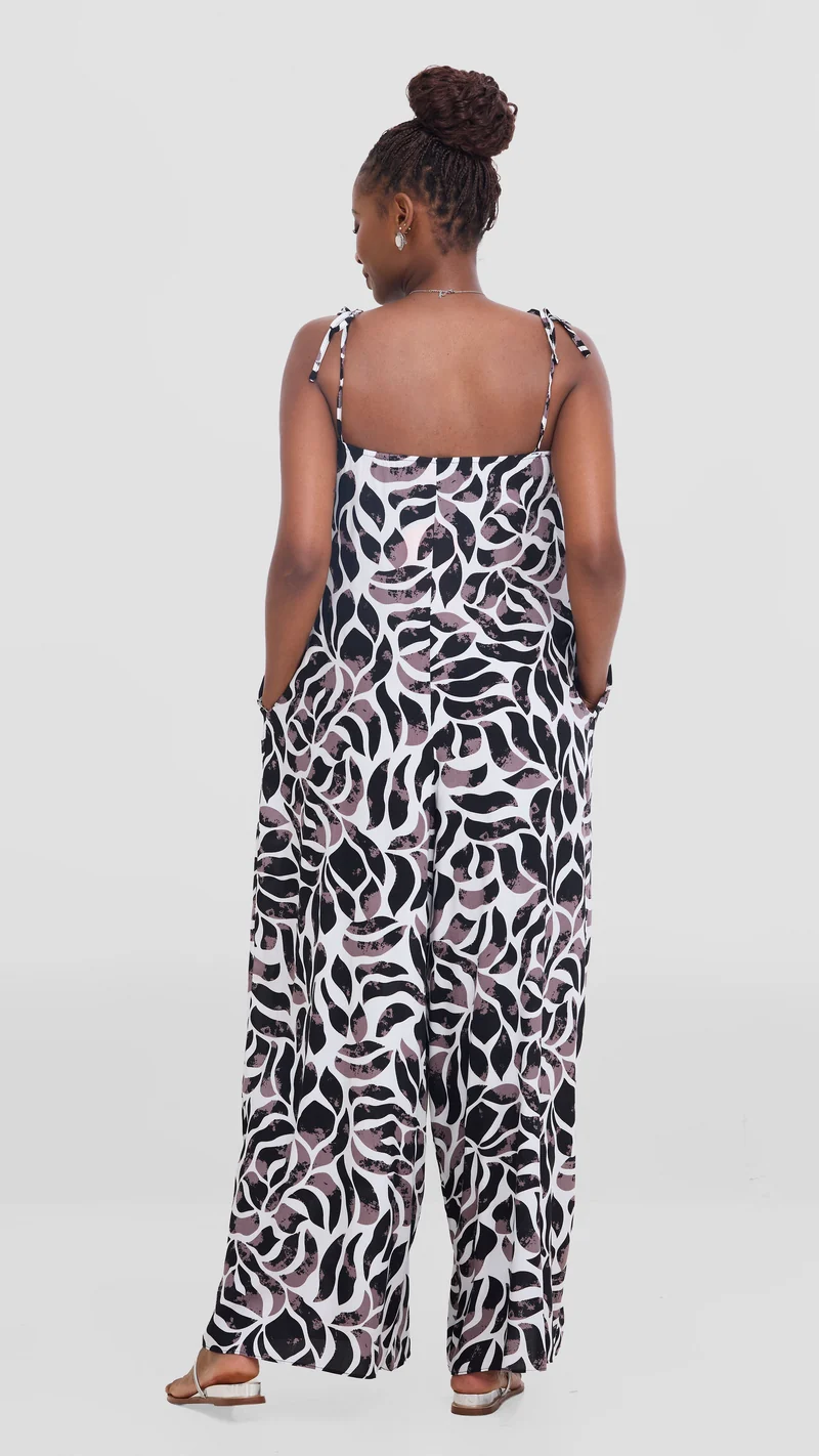 Vivo Maisha Strappy Cover Up Jumpsuit In Rayon - White / Taupe Print