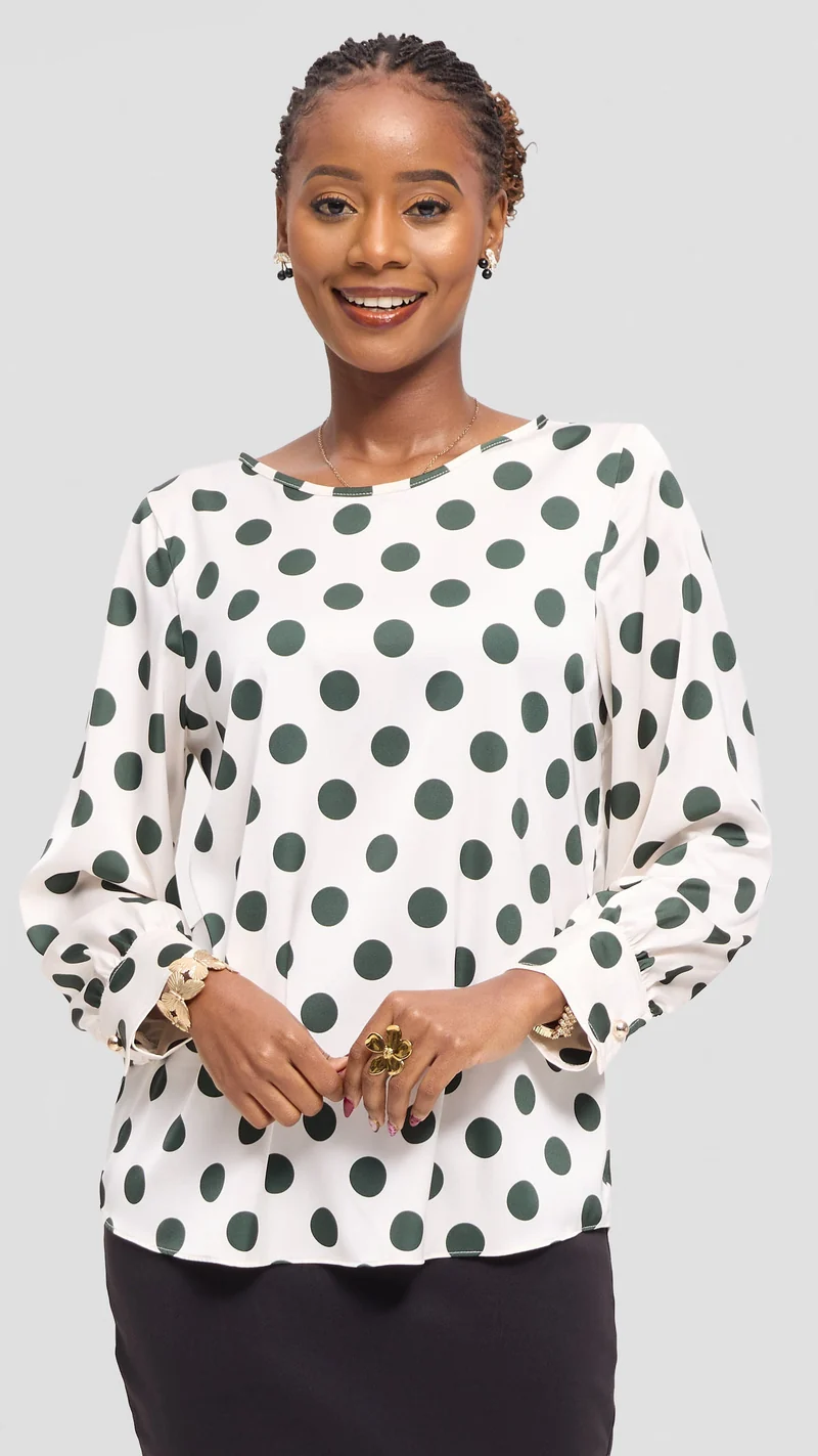 Vivo Tatili Bishop Long Sleeve Top in Satin - Off White / Dark Green Polka Dot