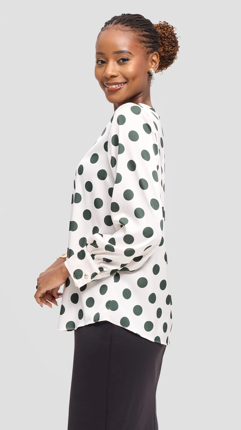 Vivo Tatili Bishop Long Sleeve Top in Satin - Off White / Dark Green Polka Dot