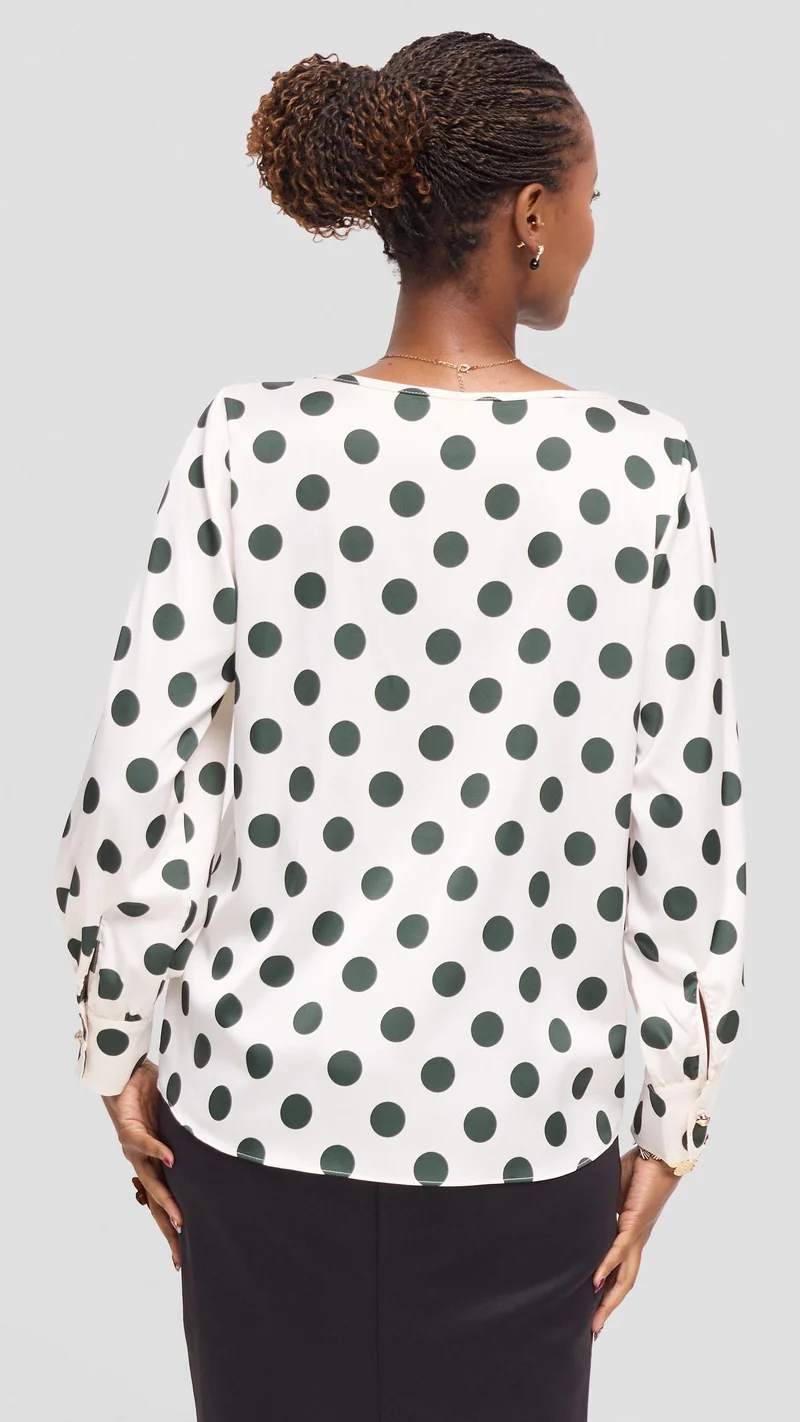 Vivo Tatili Bishop Long Sleeve Top in Satin - Off White / Dark Green Polka Dot