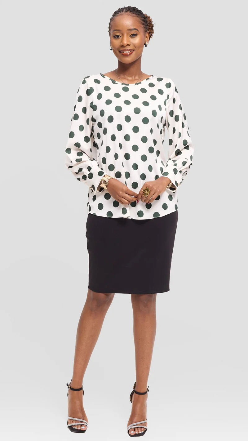 Vivo Tatili Bishop Long Sleeve Top in Satin - Off White / Dark Green Polka Dot