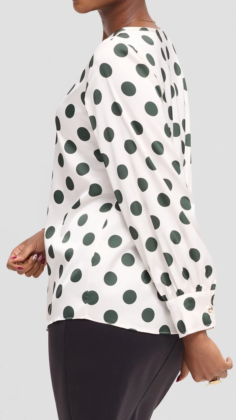 Vivo Tatili Bishop Long Sleeve Top in Satin - Off White / Dark Green Polka Dot