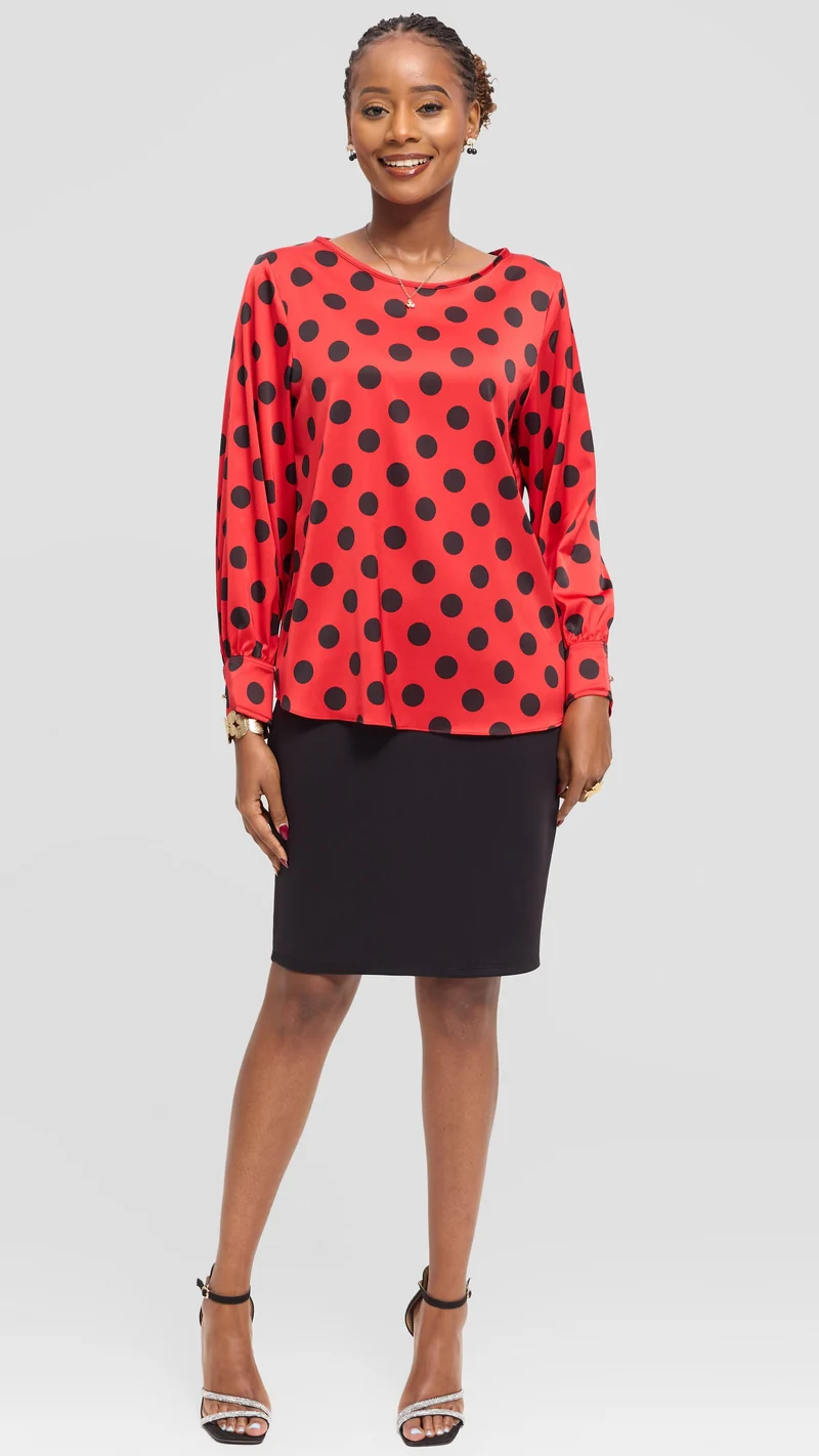 Vivo Tatili Bishop Long Sleeve Top in Satin - Red / Black Polka Dot