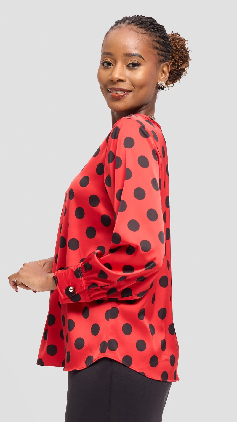 Vivo Tatili Bishop Long Sleeve Top in Satin - Red / Black Polka Dot