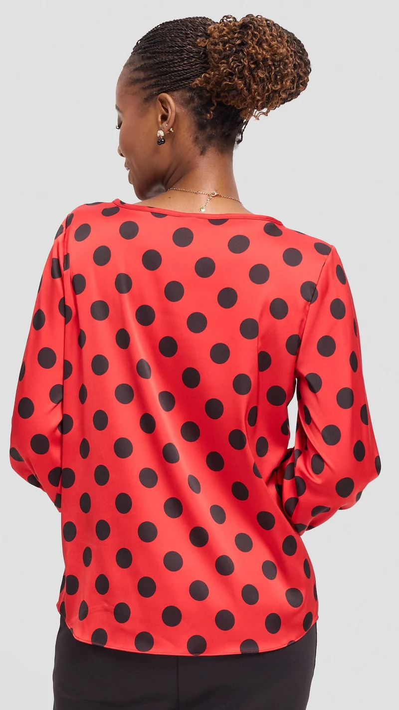 Vivo Tatili Bishop Long Sleeve Top in Satin - Red / Black Polka Dot