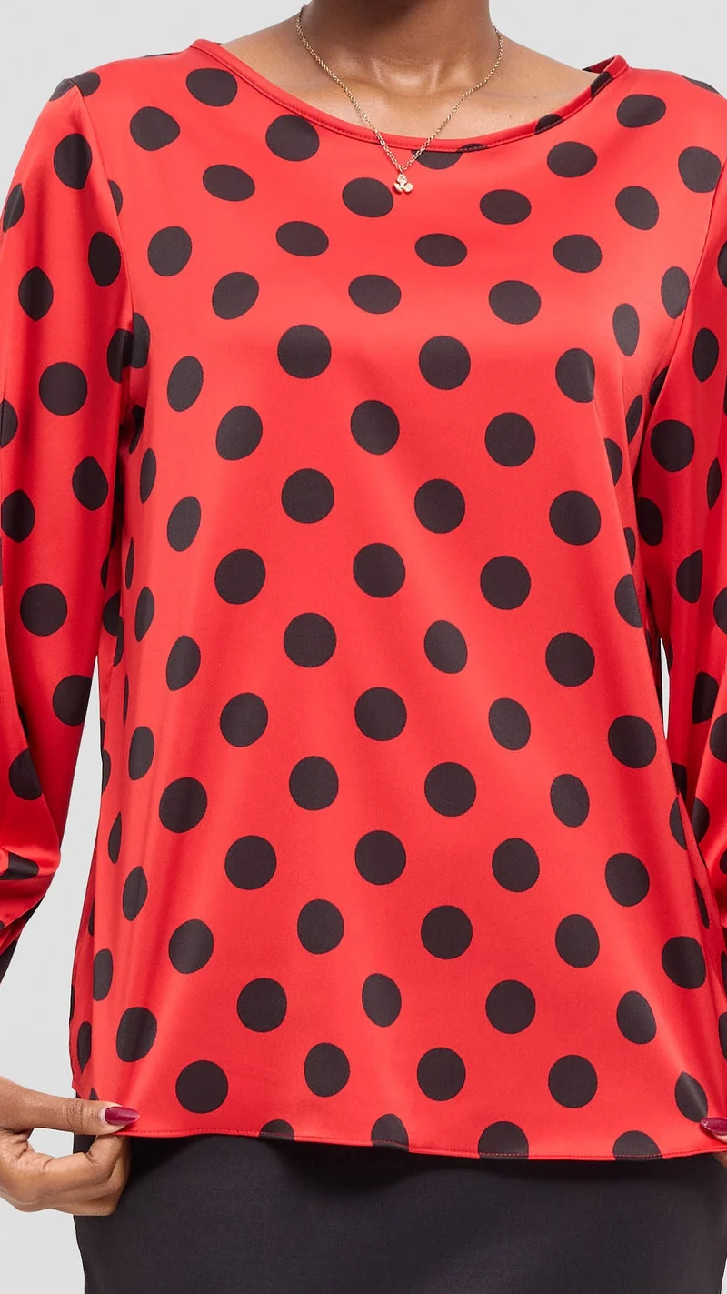 Vivo Tatili Bishop Long Sleeve Top in Satin - Red / Black Polka Dot