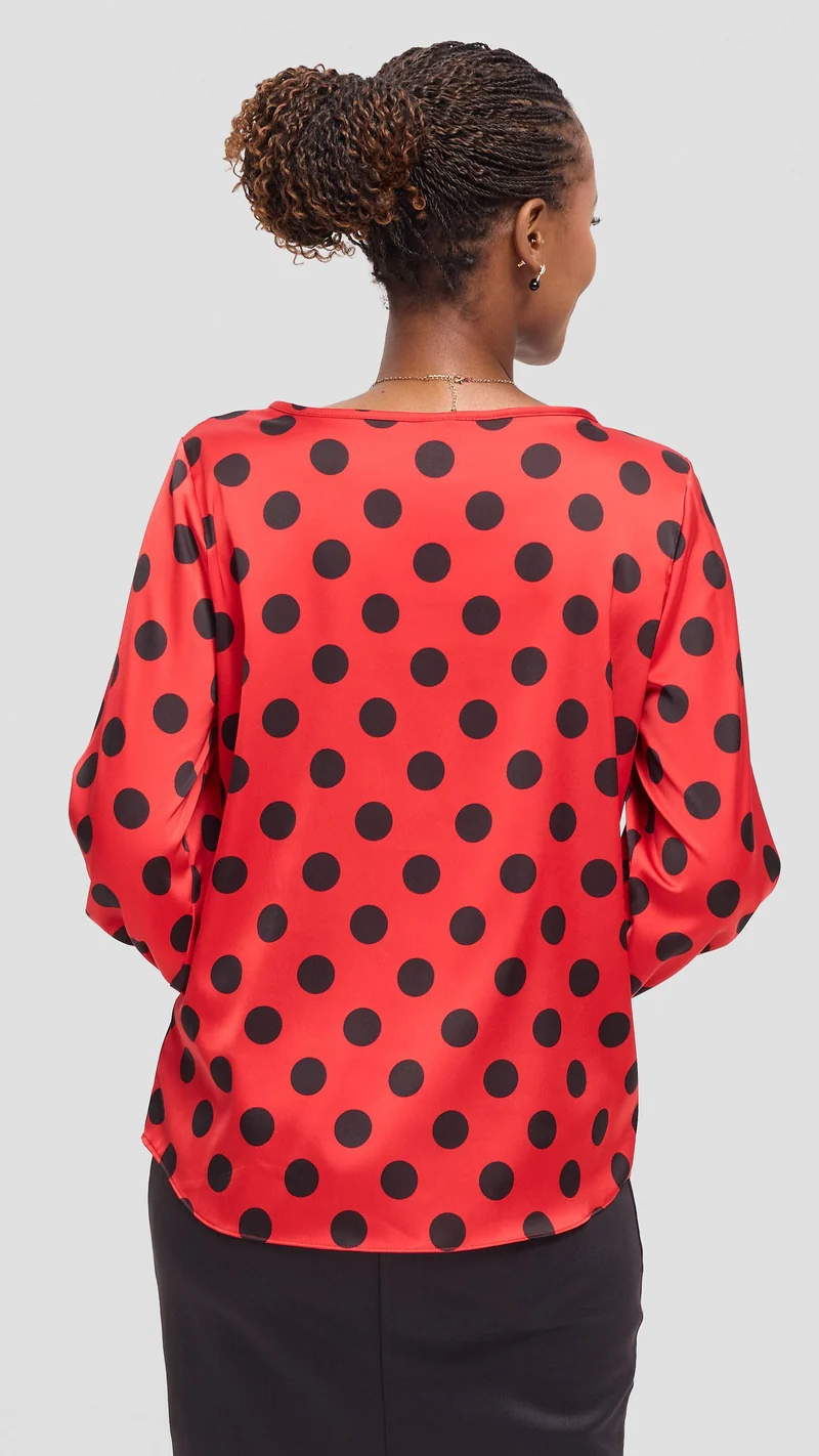 Vivo Tatili Bishop Long Sleeve Top in Satin - Red / Black Polka Dot