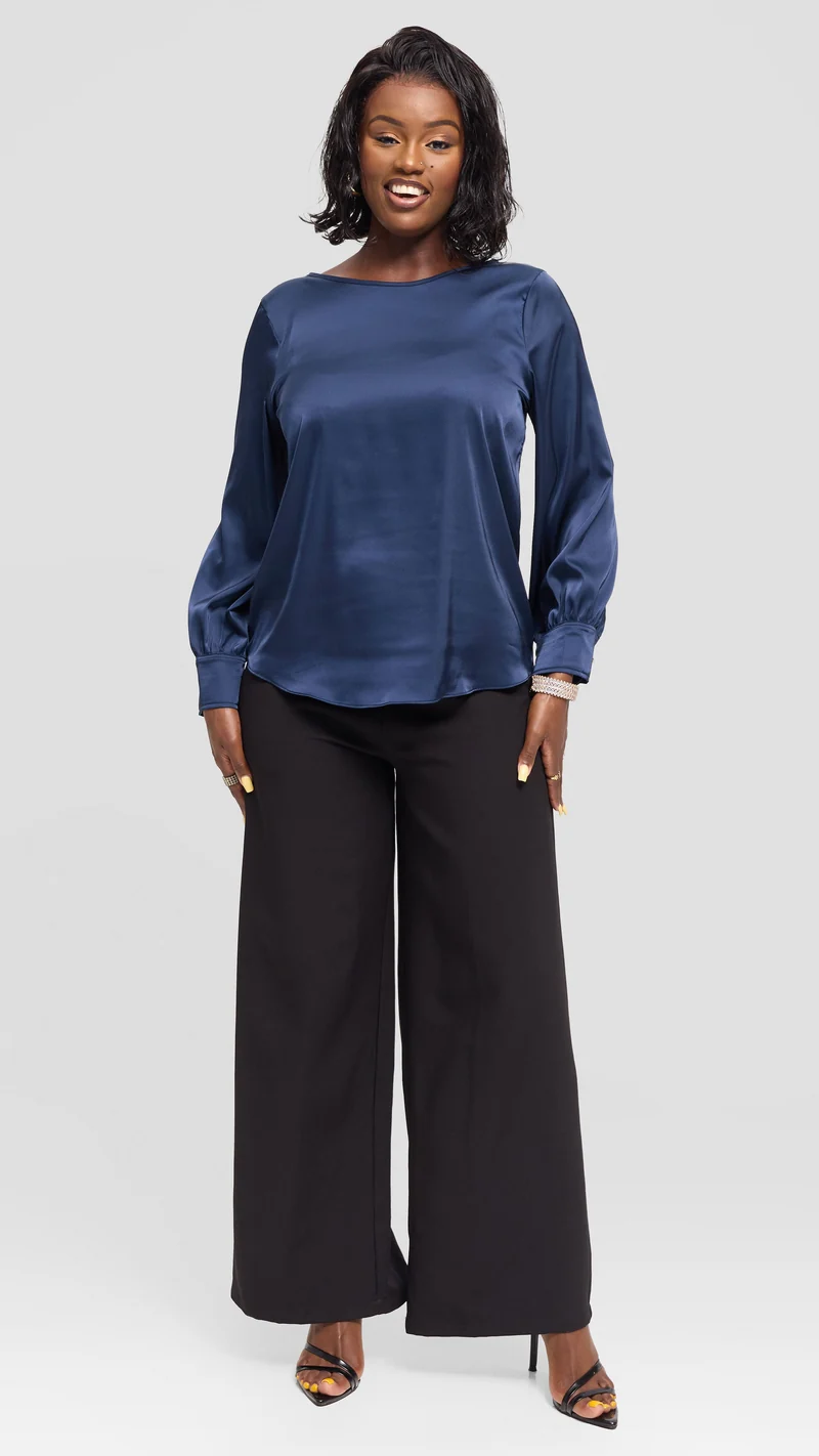 Vivo Tatili Bishop Long Sleeve Top in Satin - Navy