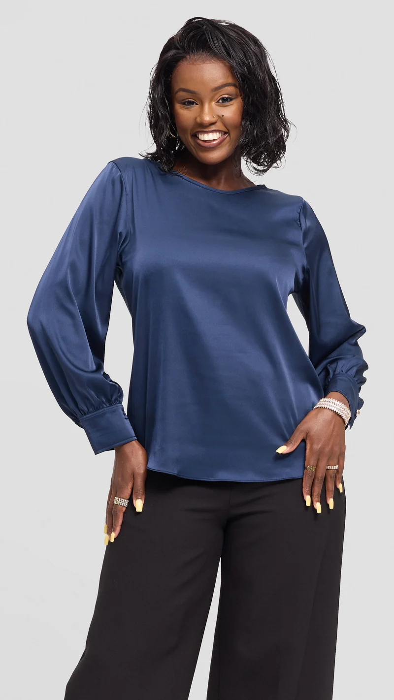 Vivo Tatili Bishop Long Sleeve Top in Satin - Navy
