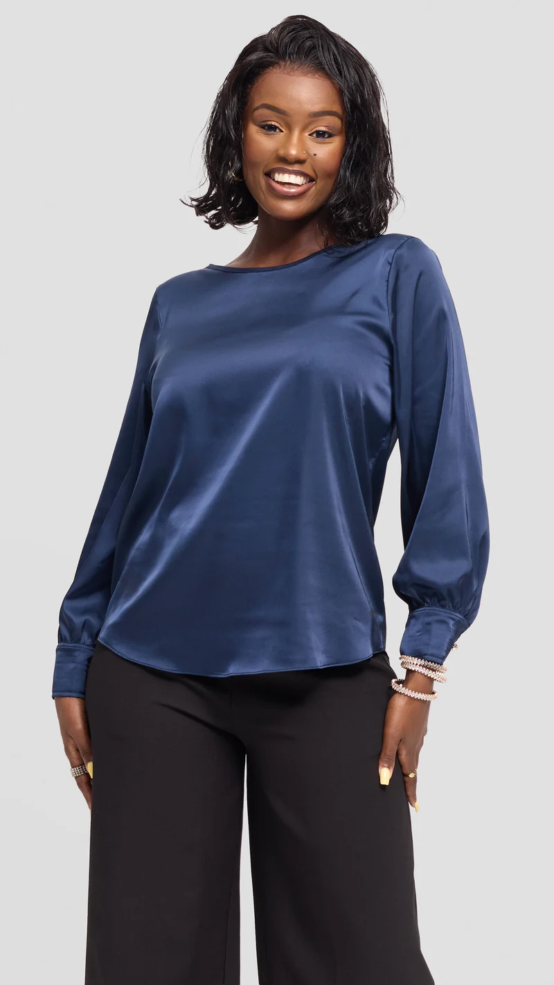Vivo Tatili Bishop Long Sleeve Top in Satin - Navy