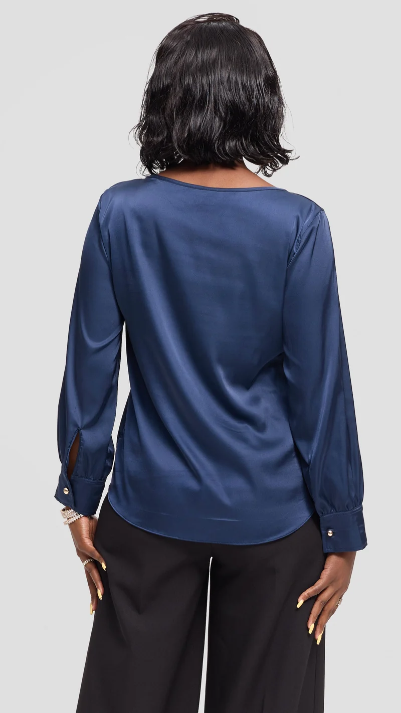 Vivo Tatili Bishop Long Sleeve Top in Satin - Navy