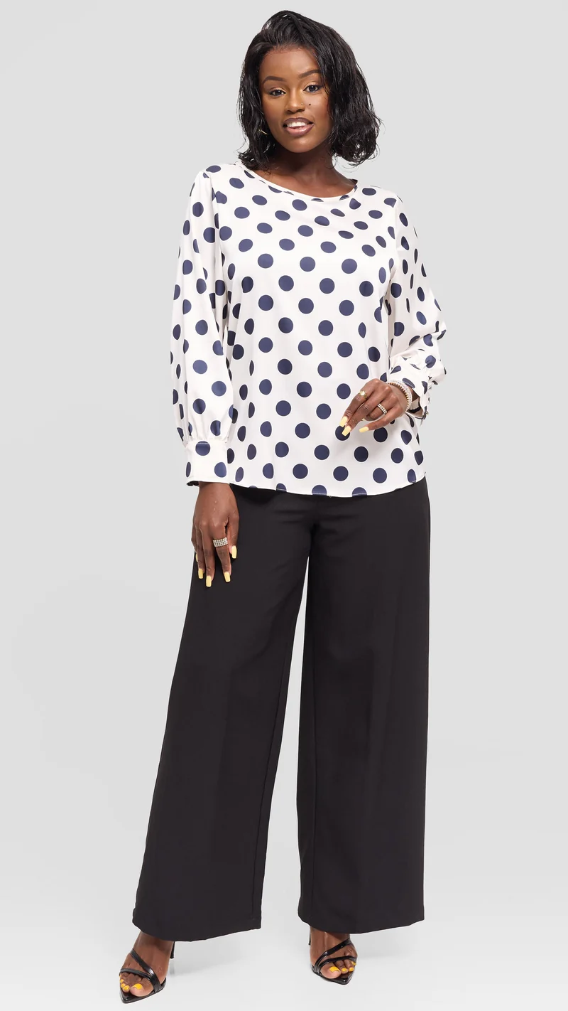 Vivo Tatili Bishop Long Sleeve Top in Satin - Off White / Navy Polka Dot