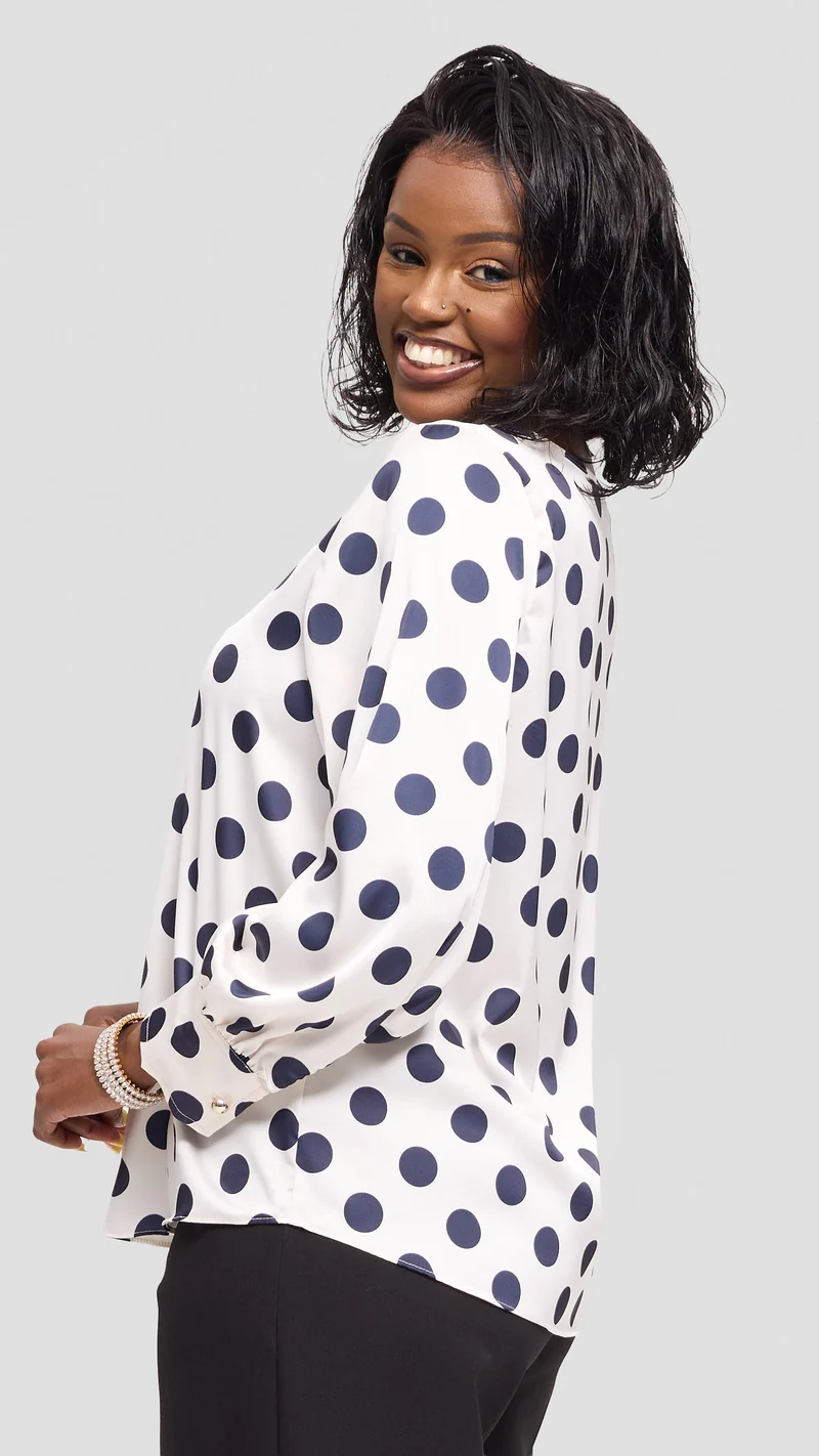 Vivo Tatili Bishop Long Sleeve Top in Satin - Off White / Navy Polka Dot
