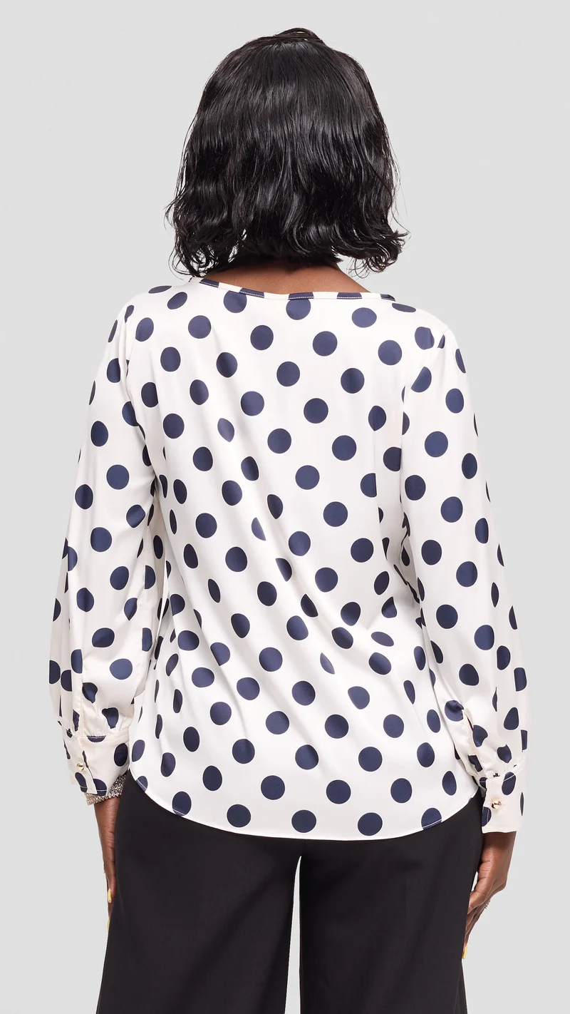 Vivo Tatili Bishop Long Sleeve Top in Satin - Off White / Navy Polka Dot