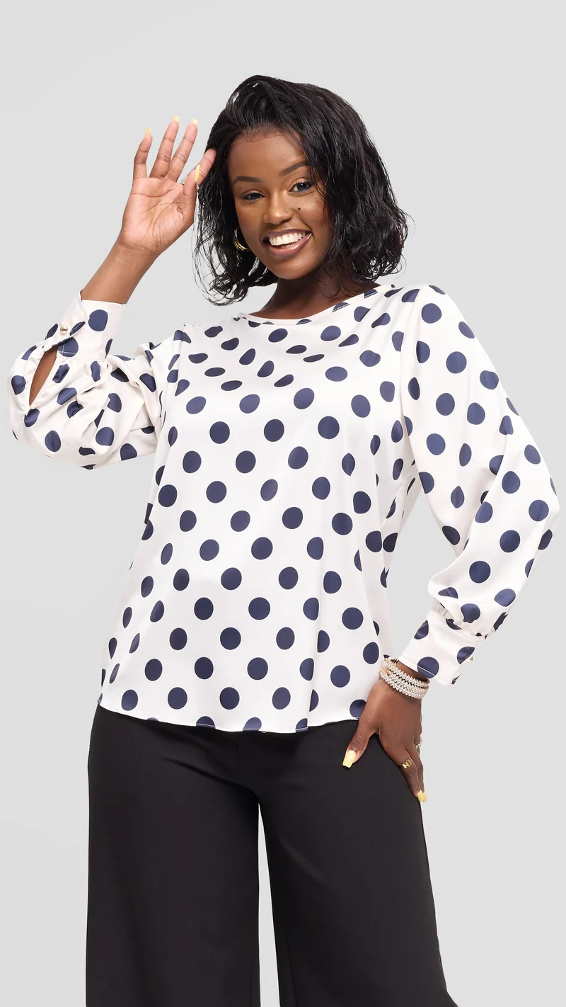 Vivo Tatili Bishop Long Sleeve Top in Satin - Off White / Navy Polka Dot