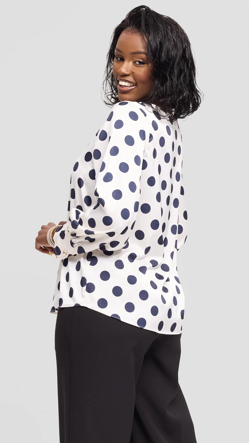 Vivo Tatili Bishop Long Sleeve Top in Satin - Off White / Navy Polka Dot