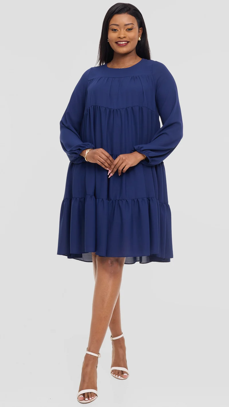 Vivo Tiered Knee Length Dress in Chiffon - Navy
