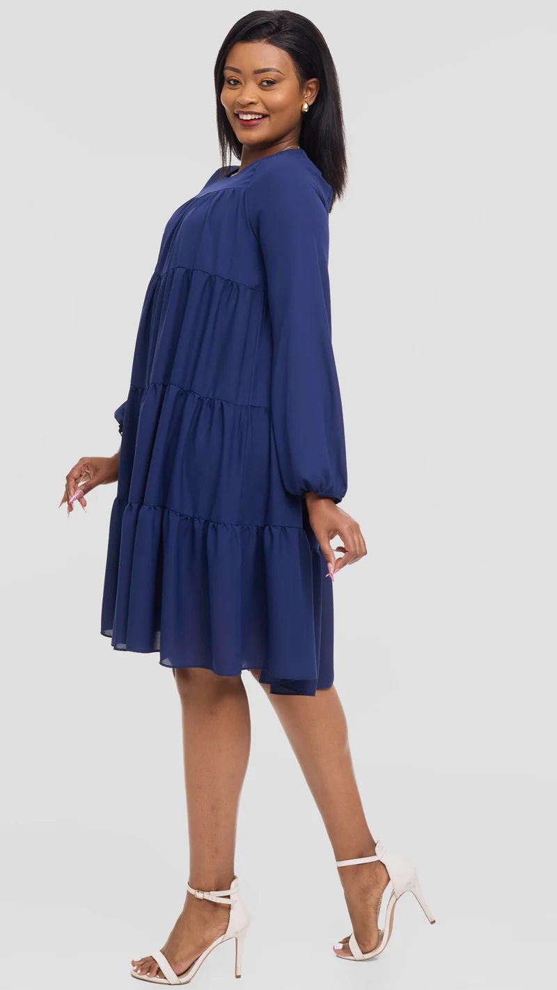 Vivo Tiered Knee Length Dress in Chiffon - Navy