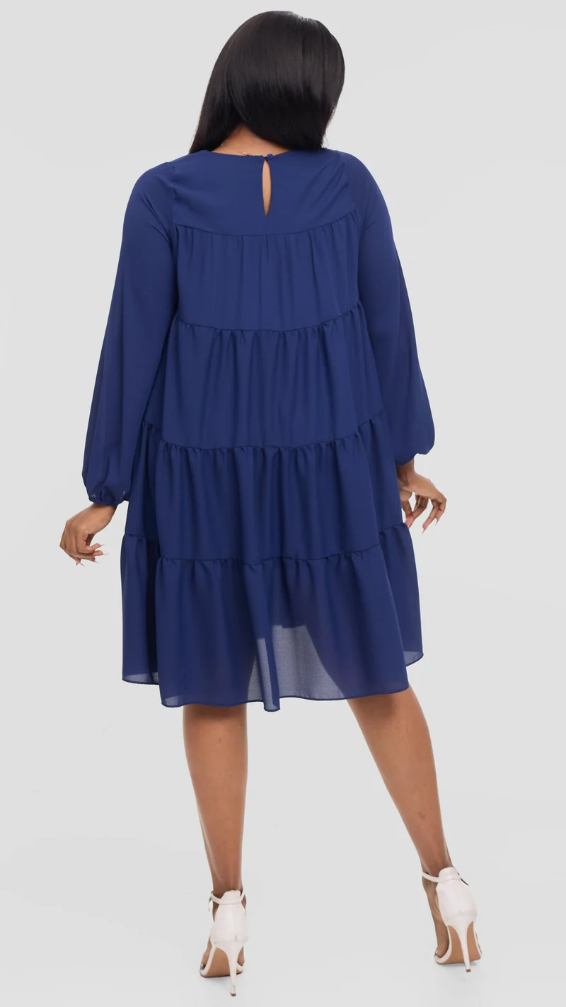 Vivo Tiered Knee Length Dress in Chiffon - Navy