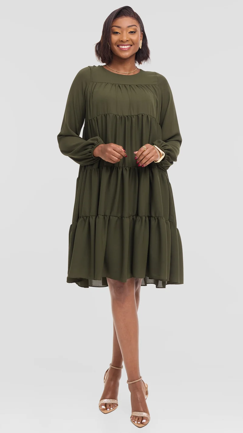 Vivo Tiered Knee Length Dress in Chiffon - Dark Olive Green
