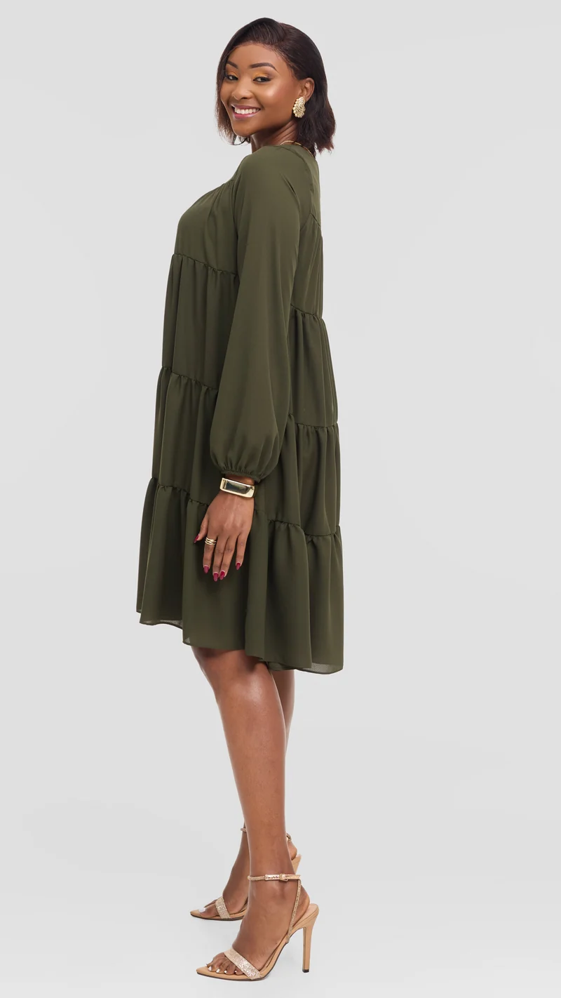 Vivo Tiered Knee Length Dress in Chiffon - Dark Olive Green