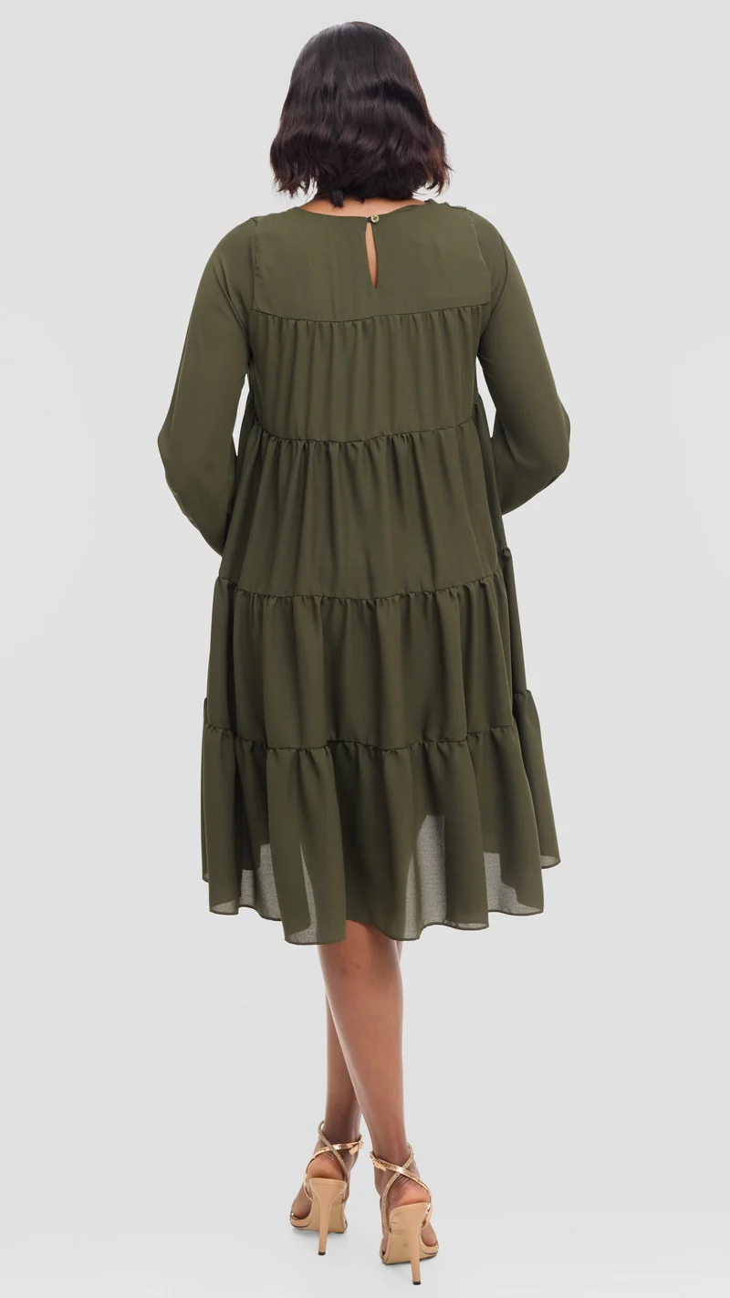 Vivo Tiered Knee Length Dress in Chiffon - Dark Olive Green