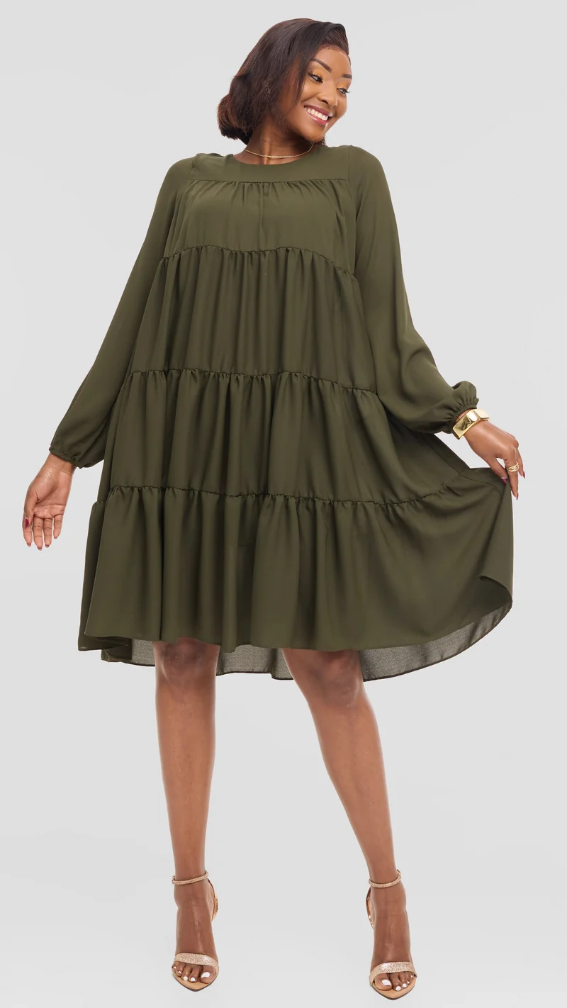 Vivo Tiered Knee Length Dress in Chiffon - Dark Olive Green