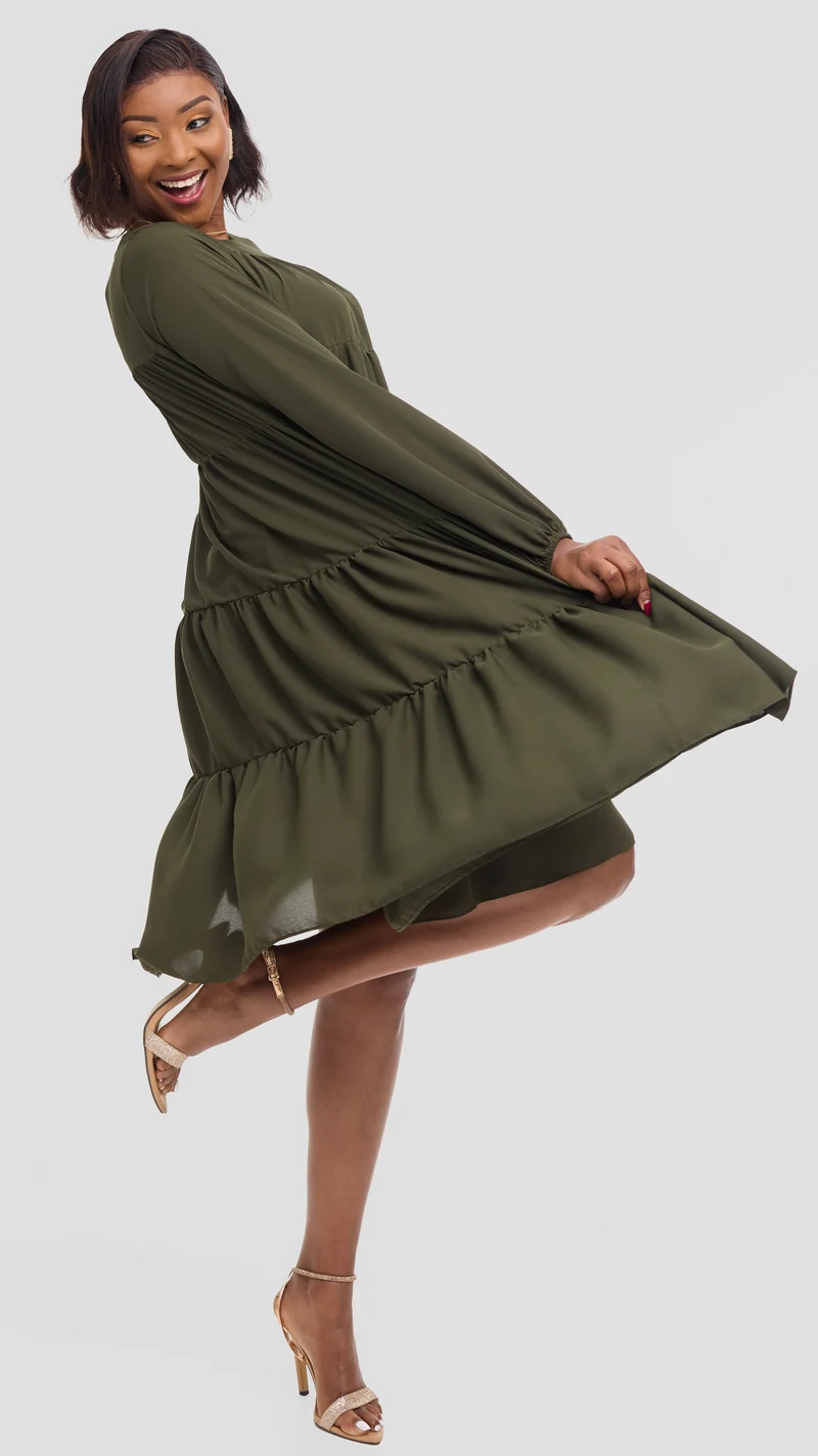 Vivo Tiered Knee Length Dress in Chiffon - Dark Olive Green