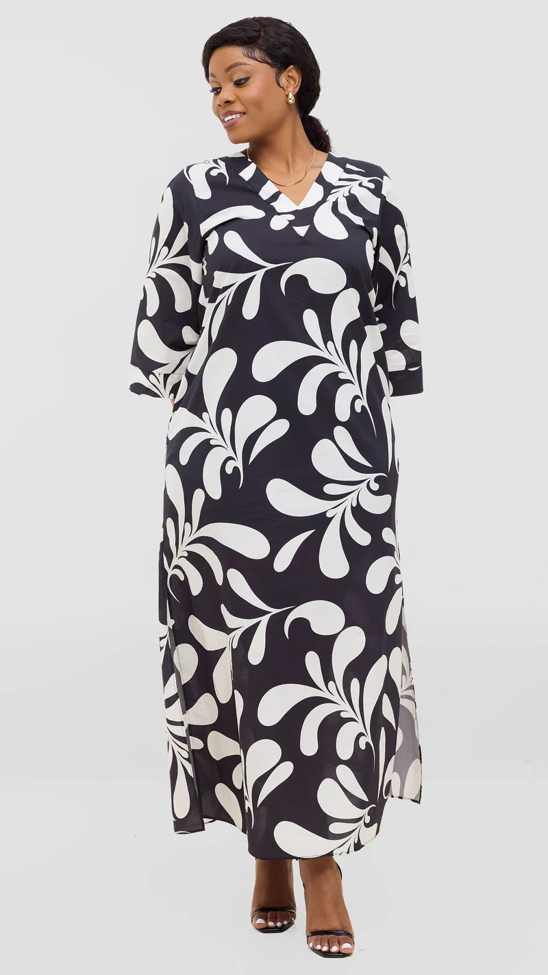 Vivo Lulu 3/4 Sleeve Maxi Dress in Cotton - Black / White Print