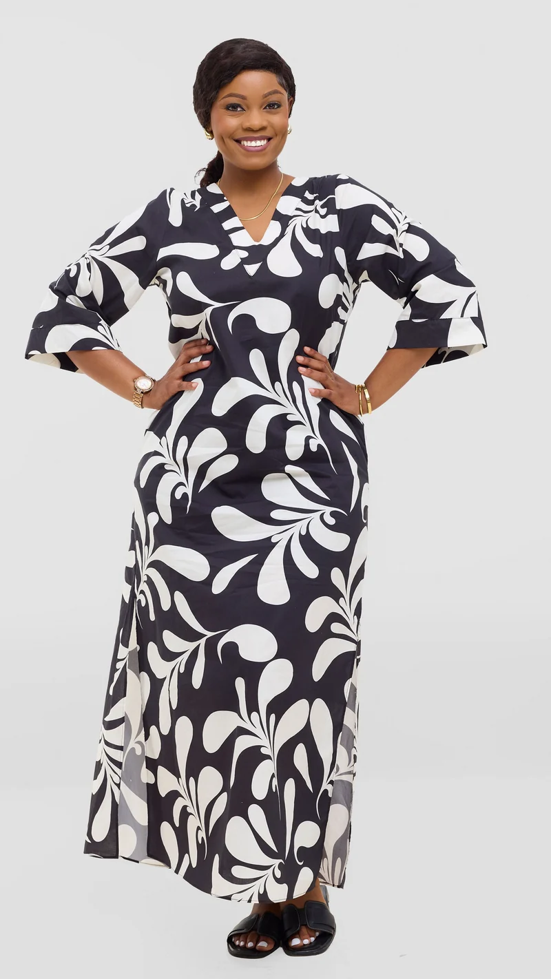 Vivo Lulu 3/4 Sleeve Maxi Dress in Cotton - Black / White Print