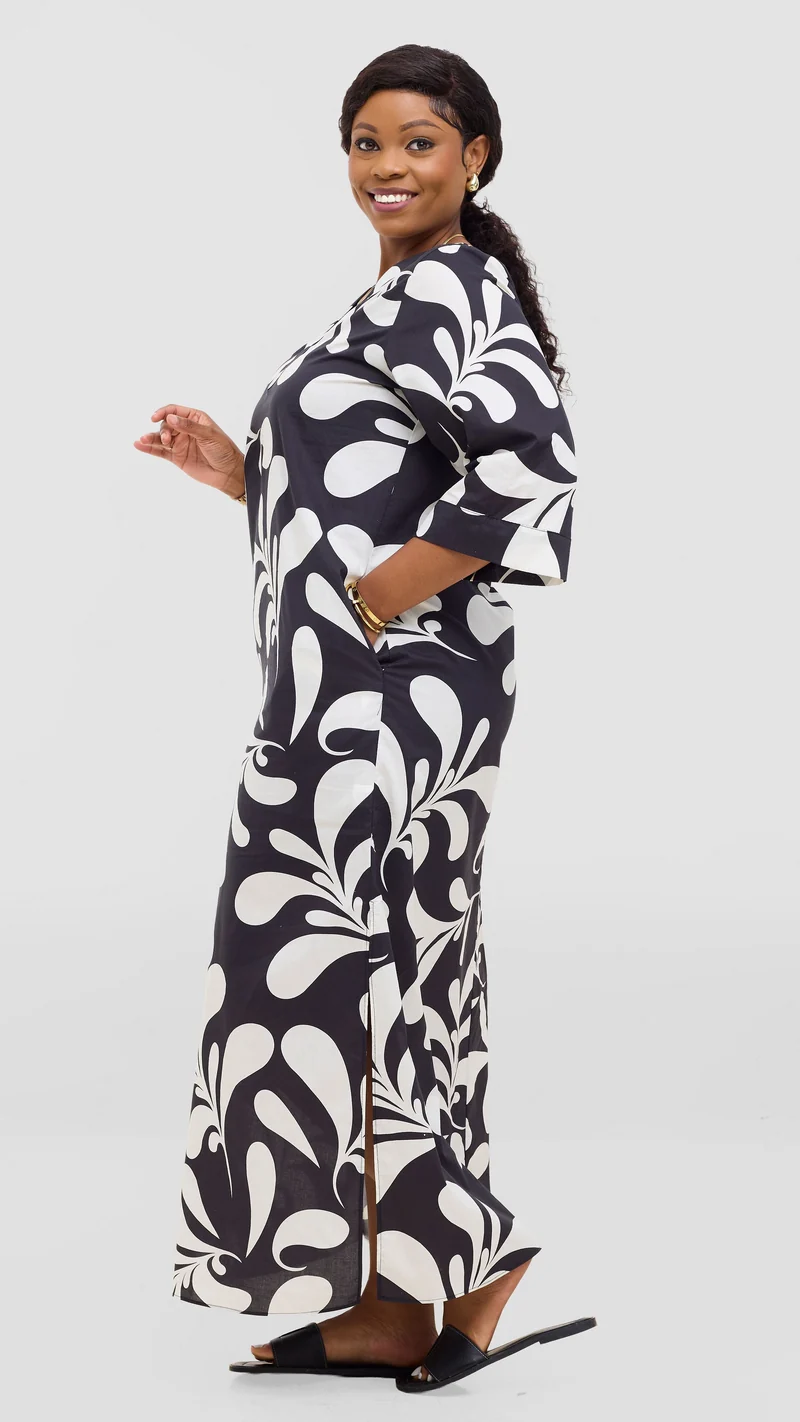 Vivo Lulu 3/4 Sleeve Maxi Dress in Cotton - Black / White Print