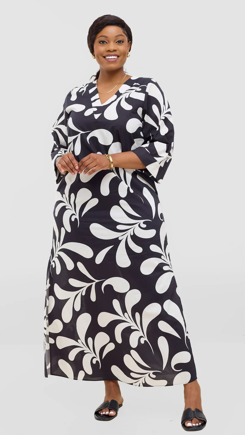 Vivo Lulu 3/4 Sleeve Maxi Dress in Cotton - Black / White Print