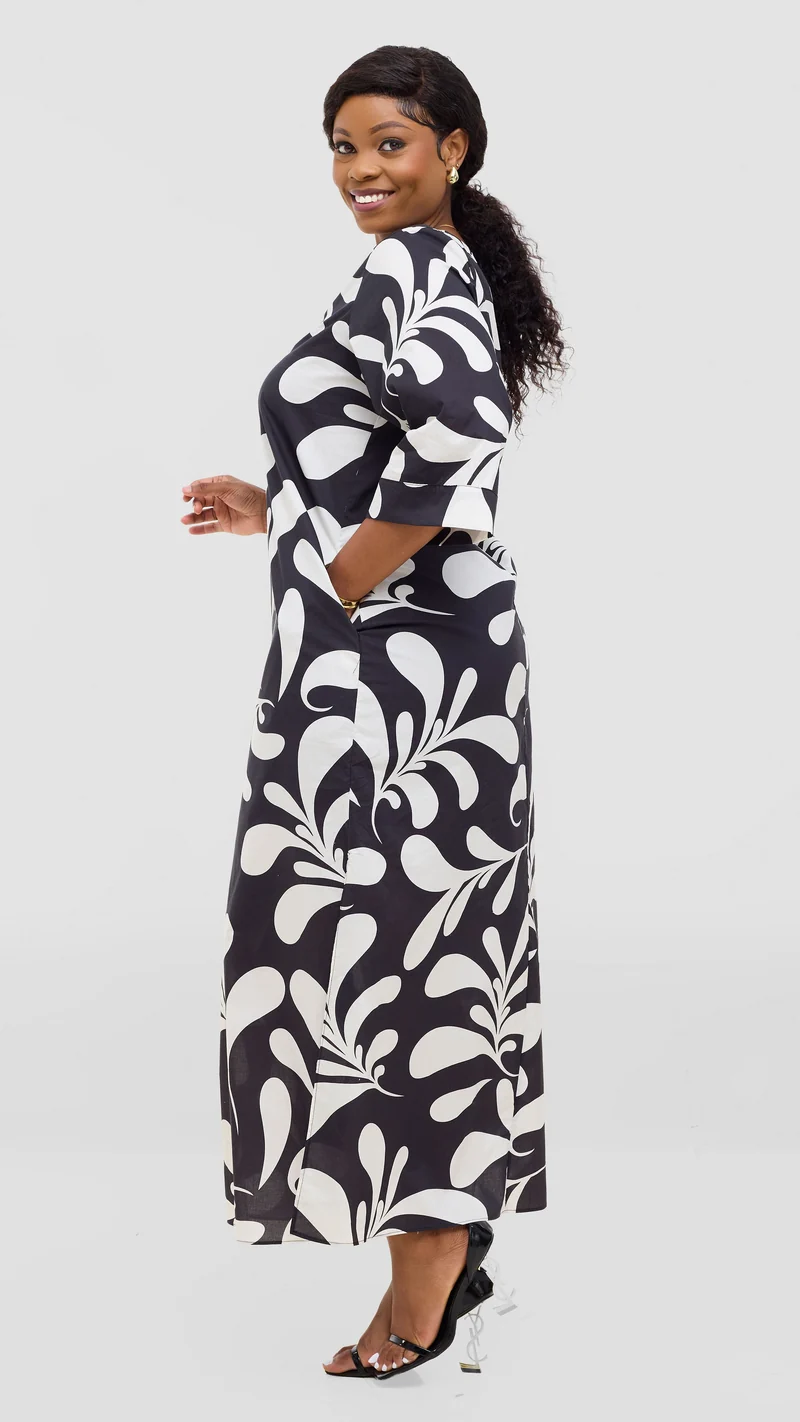 Vivo Lulu 3/4 Sleeve Maxi Dress in Cotton - Black / White Print