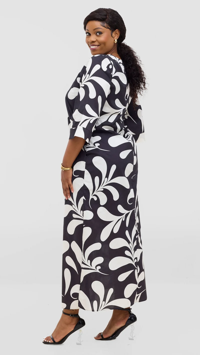 Vivo Lulu 3/4 Sleeve Maxi Dress in Cotton - Black / White Print