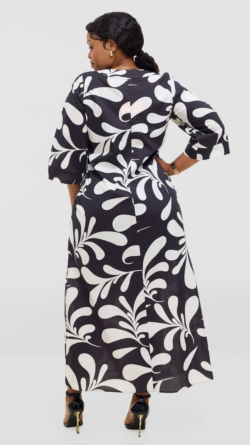 Vivo Lulu 3/4 Sleeve Maxi Dress in Cotton - Black / White Print