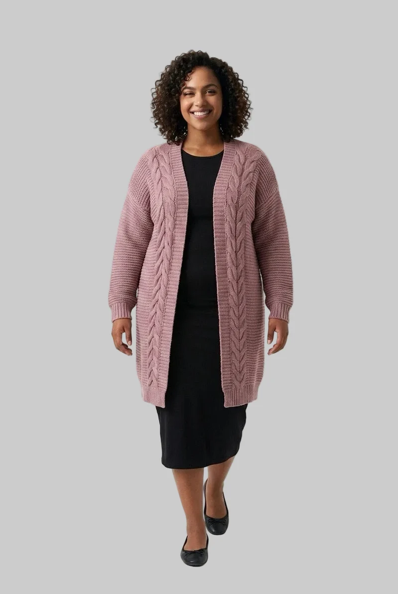 Stylish Sisters Cable-Knit Open-Front Longline Cardigan Sweater - Pink