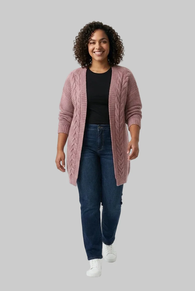 Stylish Sisters Cable-Knit Open-Front Longline Cardigan Sweater - Pink