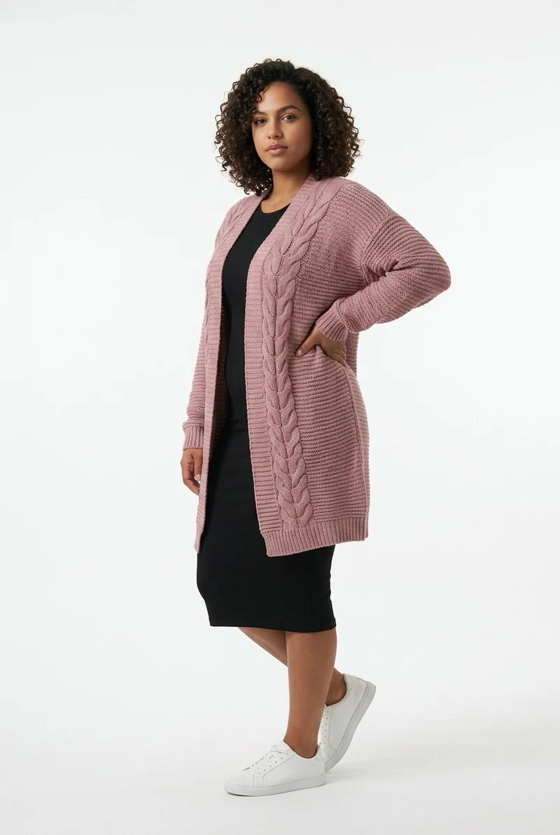 Stylish Sisters Cable-Knit Open-Front Longline Cardigan Sweater - Pink
