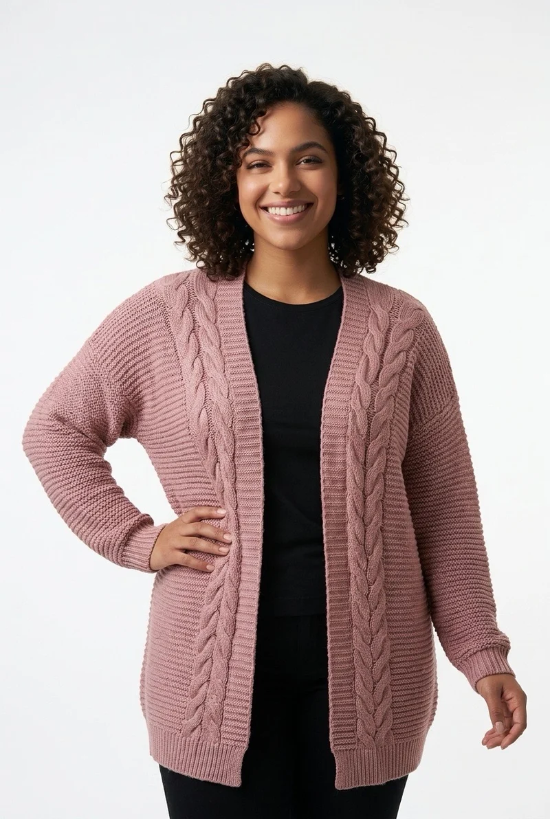 Stylish Sisters Cable-Knit Open-Front Longline Cardigan Sweater - Pink