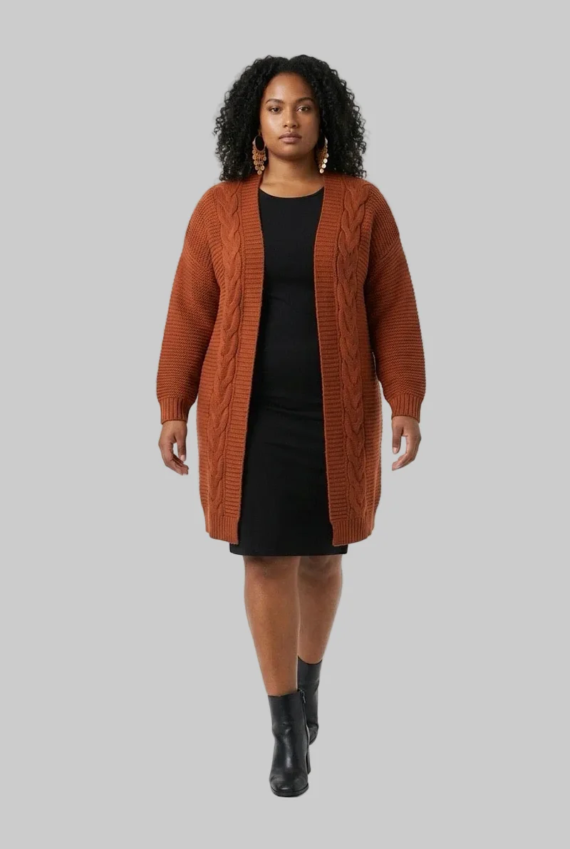 Stylish Sisters Cable-Knit Open-Front Longline Cardigan Sweater - Burnt Orange