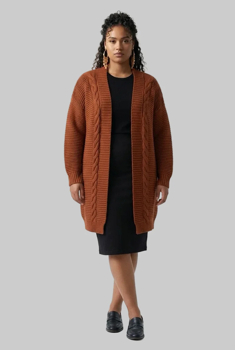 Stylish Sisters Cable-Knit Open-Front Longline Cardigan Sweater - Burnt Orange