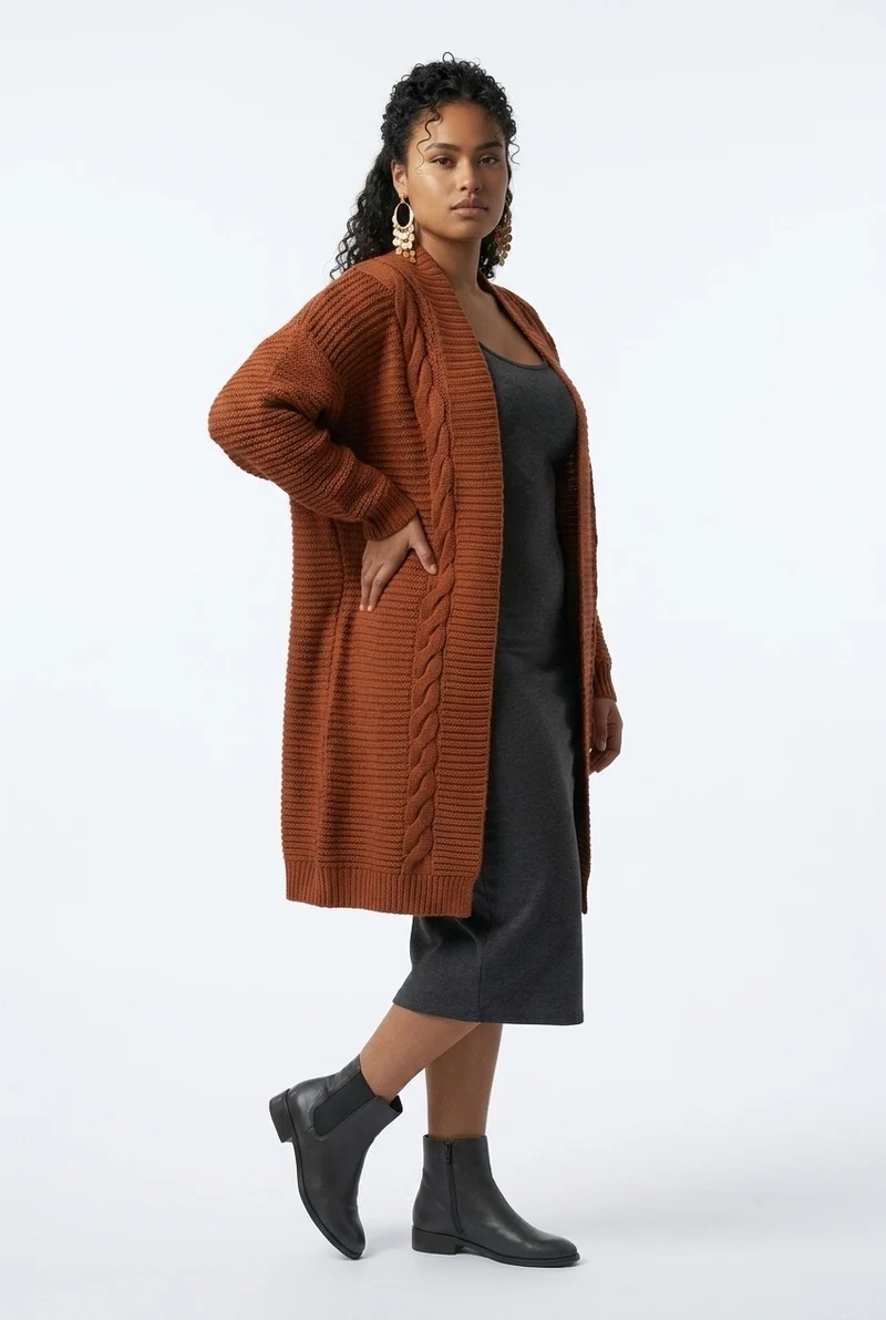Stylish Sisters Cable-Knit Open-Front Longline Cardigan Sweater - Burnt Orange