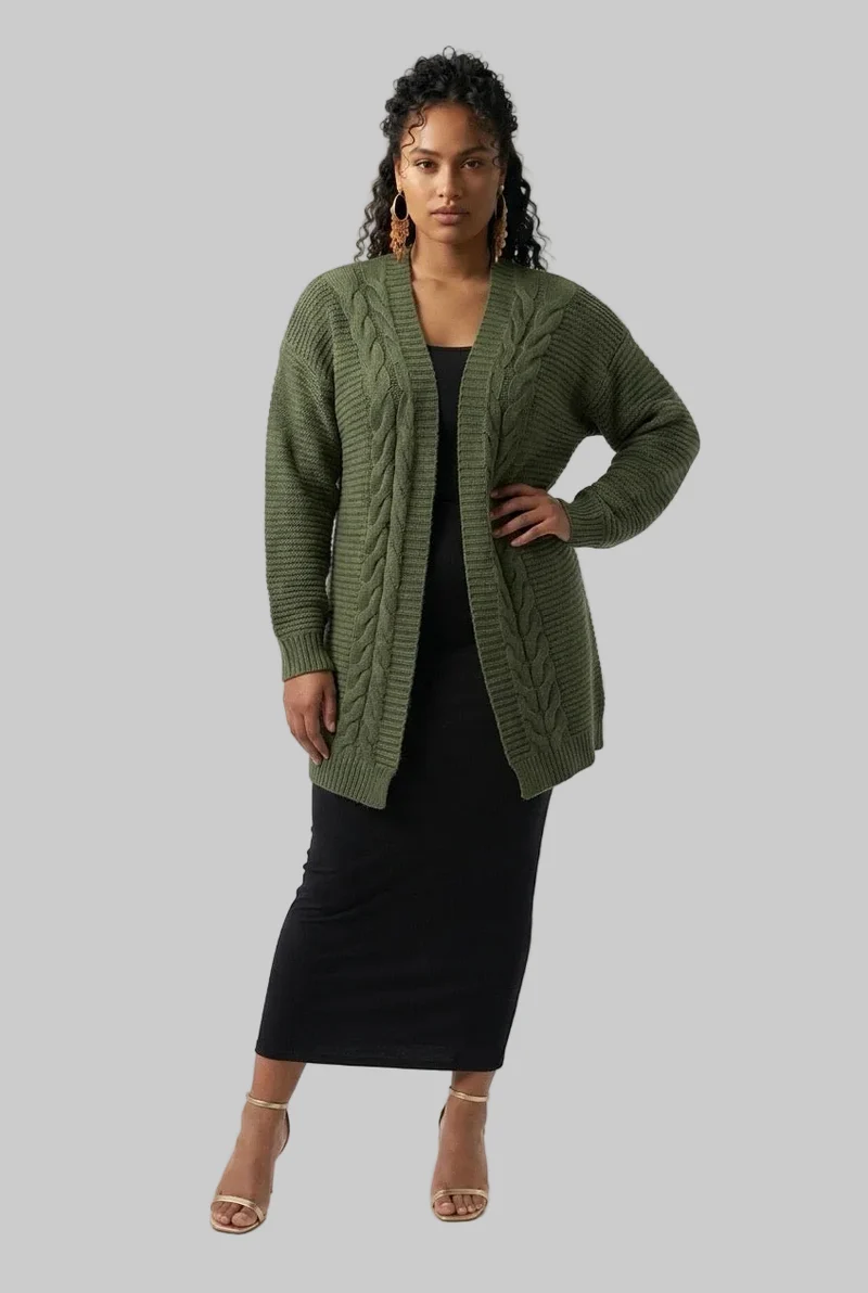 Stylish Sisters Cable-Knit Open-Front Longline Cardigan Sweater - Green