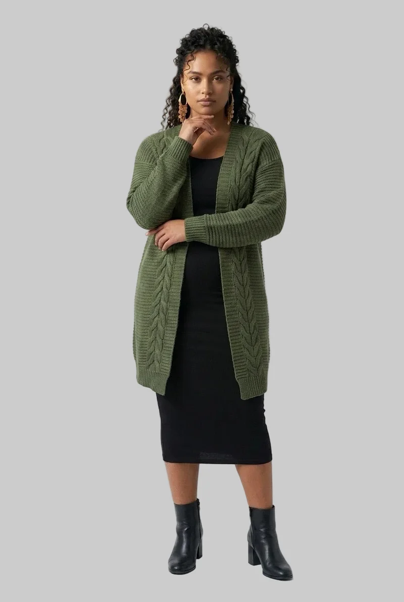 Stylish Sisters Cable-Knit Open-Front Longline Cardigan Sweater - Green