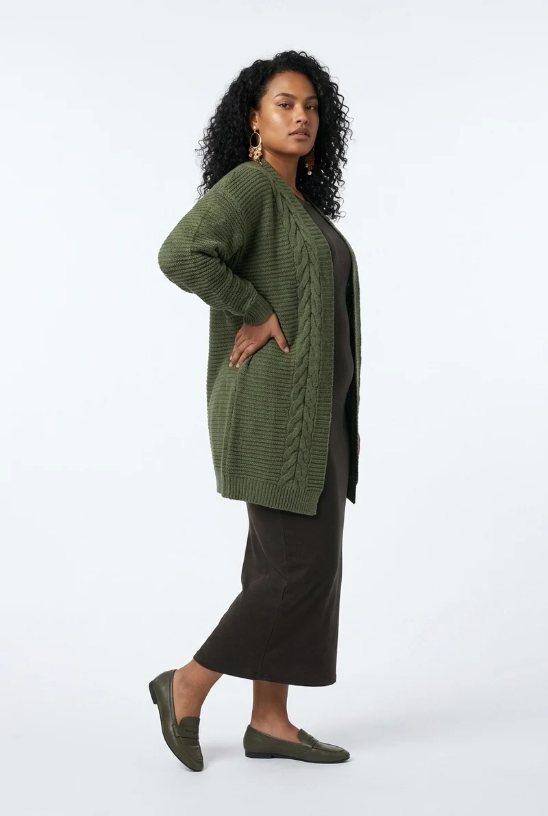Stylish Sisters Cable-Knit Open-Front Longline Cardigan Sweater - Green