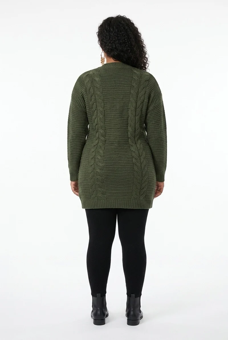 Stylish Sisters Cable-Knit Open-Front Longline Cardigan Sweater - Green